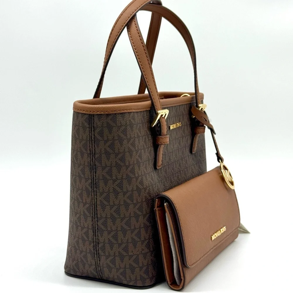 Michael Kors JST XS Logo TZ Tote Bag & Matching Trifold Wallet Signature Brown